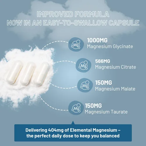 Vista 5 de Complejo de glicinato de magnesio 4 en 1-1866 mg por porción Dosis precisa de magnesio elemental de 404 mg Glicinato de magnesio añadido