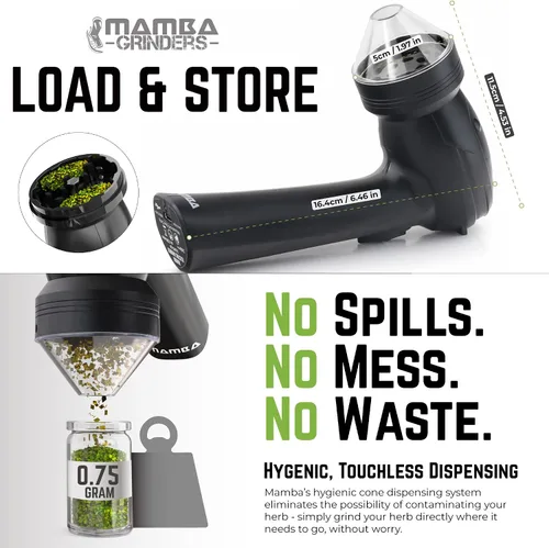 Vista 3 de Mamba Lite 0.75g Negro Molinillo Eléctrico de Hierbas USB de Cabeza de Plástico Completamente. Pequeña Máquina Herbal Portátil y Molinillo