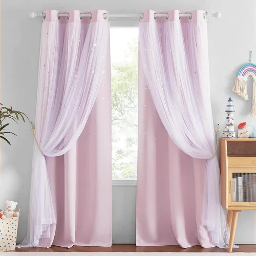 Vista 53 de NICETOWN Cortinas para Dormitorio de Niñas Infantiles con Estrellas Caladas Ventana 2 Capas Cortina 63 Pulgadas de Longitud Oscurecimiento