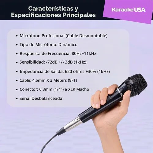 Vista 4 de Karaoke USA Micrófono dinámico profesional M189 (cable desmontable), negro