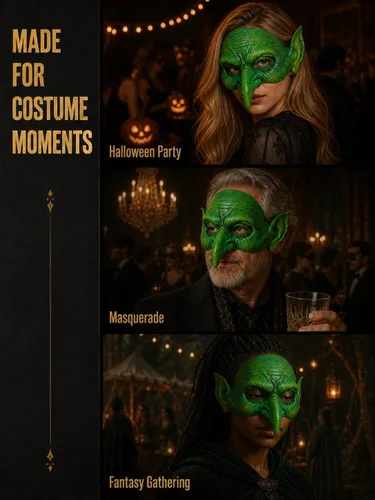 Vista 4 de MCJC Máscara de duende, máscara de bruja verde de Halloween, accesorio de disfraz aterrador