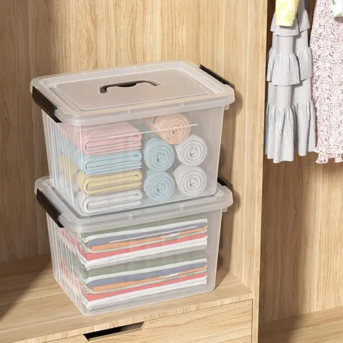 Vista 5 de Caja de plástico de 20 litros, cajas transparentes con tapa con asas negras, juego de 4