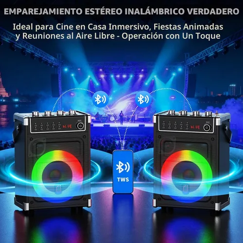 Vista 5 de JYX - Máquina de karaoke con 2 micrófonos inalámbricos, altavoz Bluetooth portátil con ajuste de graves/agudos y luz LED, compatible con TWS