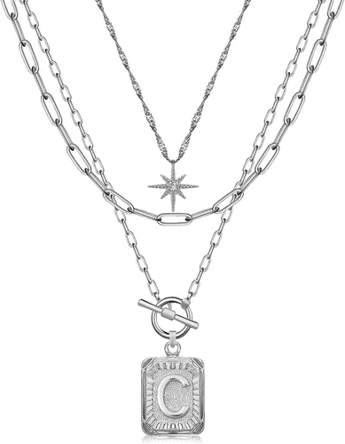 Vista 24 de MJartoria Collares con iniciales en capas para mujer, modernos, chapados en oro de 14 quilates, cadena de papel, collar sencillo con dije de Dorado