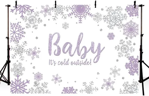 Vista 2 de MEHOFOND Fondo de fotos de baby shower de invierno para niña, accesorios de fondo de copos de nieve morados y plateados, decoración de fiesta