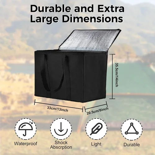 Vista 4 de Longzhuo Paquete de 3 bolsas de comestibles aisladas con cierre superior, bolsas de compras negras con asas, bolsa enfriadora plegable reutilizable