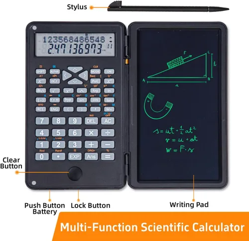 Vista 3 de Calculadora científica DPEDUAI con tableta de escritura LCD para escuela, color negro 240 math functions, dual-line display, built-in LCD writing