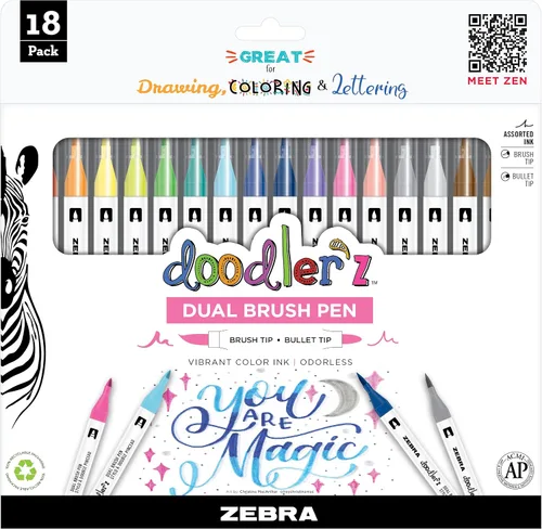 Vista 8 de Zebra Pen, doodler'z - Bolígrafos de doble pincel, colores surtidos, punta de pincel flexible y punta fina para diario, letras a mano, colorear