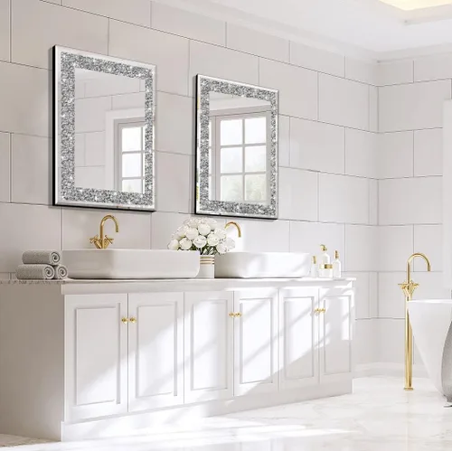 Vista 6 de QMDECOR Espejo de Pared Decorativo Rectangular Brillante para Decoración del Hogar con Decoración de Diamante Crush de Cristal Plateado