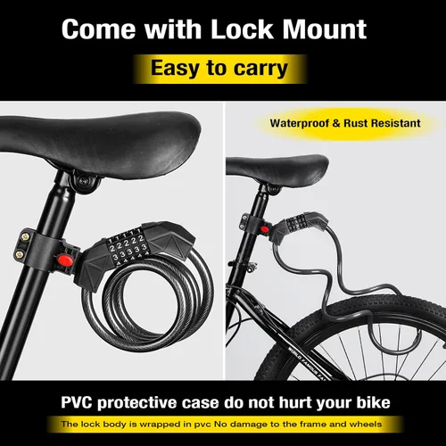 Vista 2 de Candado de bicicleta con soporte de montaje, cable de bicicleta de 4 pies, cable básico autoenrollable de 5 dígitos con combinación reiniciable, Azul