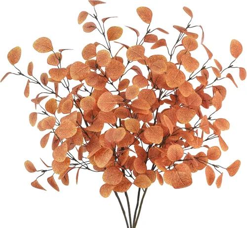Vista 8 de 4 tallos de hojas artificiales de eucalipto de 33.8 pulgadas, ramas de eucalipto naranjas, flores de otoño falsas para el hogar, chimenea, granja