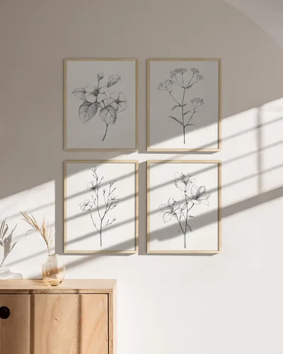 Vista 5 de HAUS AND HUES Arte de pared floral gris, juego de 4 pósteres de plantas para pared vintage, impresiones botánicas, cuadros de flores en blanco