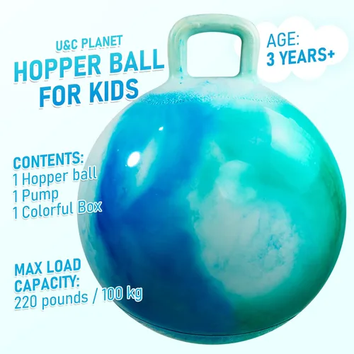 Vista 2 de U&C Planet Hoppity - Bola inflable de 18 pulgadas con asa para niños de 3 a 6 años Hoppity Hop Sit and Bounce Jumping Hopping con bomba y caja