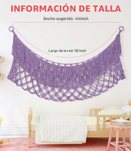 Vista 4 de Hamaca extra grande de red para animales de peluche – [56 pulgadas de largo/macramé tejido a mano/lavanda] Hamaca de almacenamiento para pared
