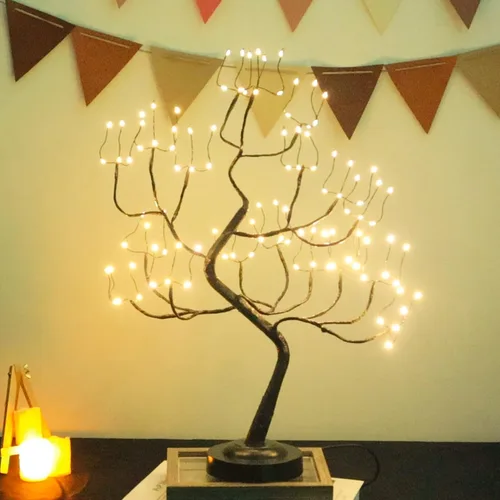 Vista 8 de 108 luces LED para árbol de mesa, 20 pulgadas, lámpara artificial de árbol bonsái parpadeante con 8 modos de iluminación y temporizador, decoración
