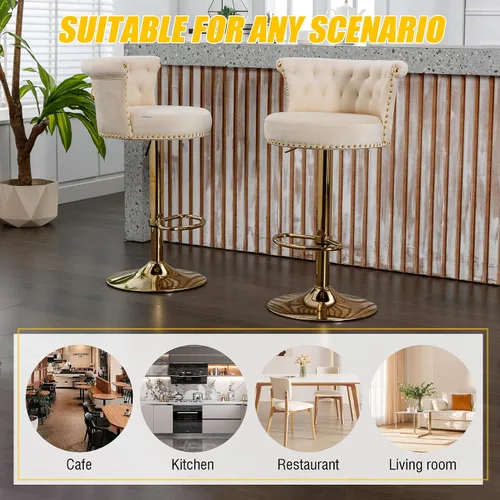Vista 7 de Juego de 2 taburetes de bar giratorios de terciopelo de 360°, butacas ajustables para barra de cocina con respaldo de clavos, base dorada