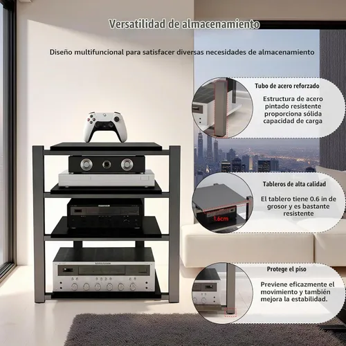 Vista 4 de Av - Estante de audio resistente, soporte para reproductor multimedia con estantes de madera, gabinete de equipo estéreo de CD negro, adecuado
