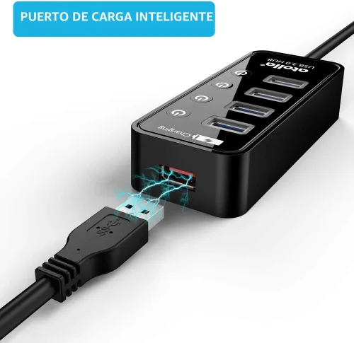 Vista 5 de Atolla Hub USB 3.0 de 4 puertos con 4 puertos de datos, 1 puerto de carga inteligente, interruptores individuales de encendido/apagado y adaptador
