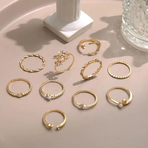 Vista 6 de INENIMARTJ Anillos apilables de nudillos bohemios para adolescentes, para mujer, múltiples anillos apilables de perlas de diamantes de imitación