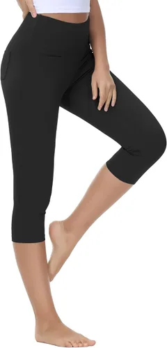 Vista 6 de Wjustforu Pantalones hasta la rodilla para mujer, leggings de entrenamiento con bolsillos, cintura alta, capris de yoga para casual verano
