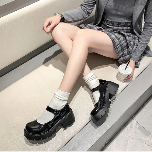 Vista 5 de HINDOLA Zapatos de plataforma Mary Janes para mujer, mocasines gruesos, punta redonda, gótico, negro, Lolita, correa al tobillo, uniforme, vestido