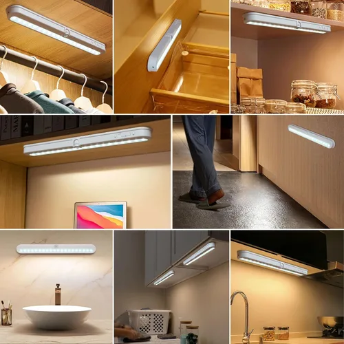 Vista 6 de BLS T01L - Luz LED para armario, súper brillante, 20 LED, iluminación debajo del gabinete, alimentada por batería/entrada de CC, luz inalámbrica