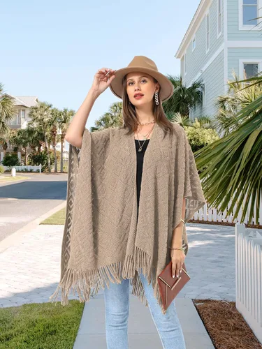Vista 6 de Soul Young - Chal de punto para mujer, poncho con flecos y capa