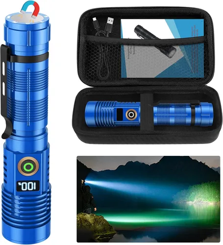 Vista 11 de Linterna recargable de alto lúmenes, luz magnética súper brillante con pantalla digital de potencia, largo alcance, regulable, impermeable, linterna