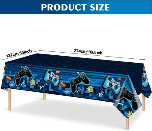 Vista 2 de Mantel rectangular de videojuegos, 3 piezas de plástico PE azul desechable, 54 x 108 pulgadas, para decoración de fiesta de cumpleaños de niños