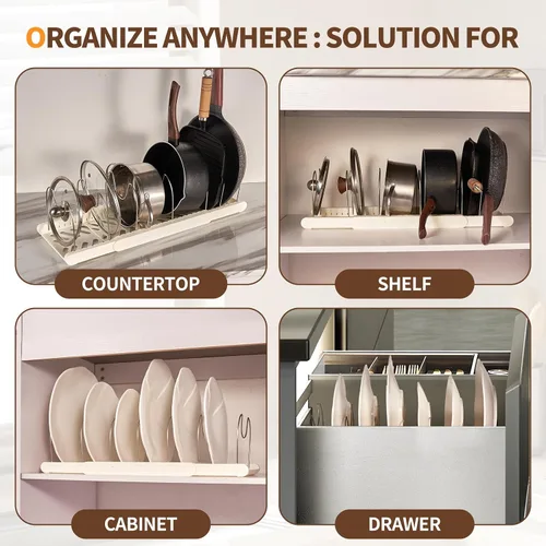 Vista 5 de Organizador expandible para ollas y sartenes, divisores ajustables de acero inoxidable, soporte para tapa de olla, organizador y almacenamiento