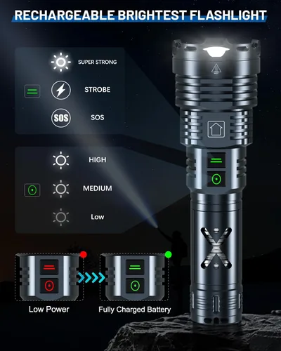 Vista 10 de Linternas superbrillantes de 99000 lúmenes altos, recargable, potente linterna LED de 6 modos, linternas tácticas con zoom, resistentes al desgaste