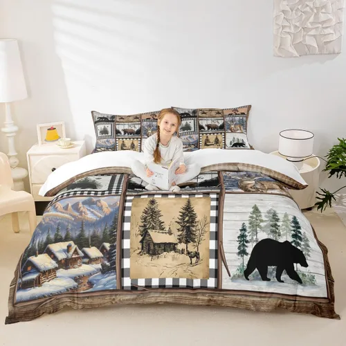 Vista 21 de Juego de funda de edredón para niños de ciervo, oso, lobo, tamaño individual, juego de ropa de cama de cabaña de aventura para niños, niñas
