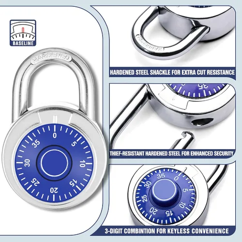 Vista 2 de Candado combinado, esfera azul de 1.969 in, 1 paquete Esfera fija con diferentes combinaciones, para gimnasio y casillero, escuela, caja