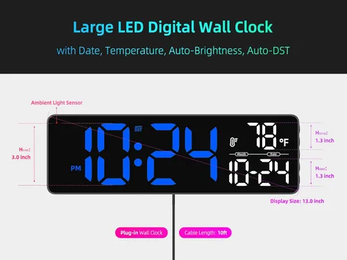Vista 3 de Reloj de pared LED digital grande con fecha, temperatura, brillo automático, DST automático Gran reloj digital para dormitorio, escritorio, aula