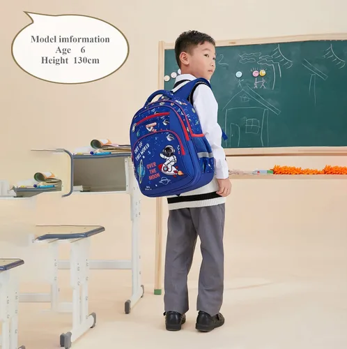 Vista 2 de Mochila infantil para niños de primaria, preescolar, 16 pulgadas, multifuncional, linda capacidad, Azul Patchwork, 16 pulgadas