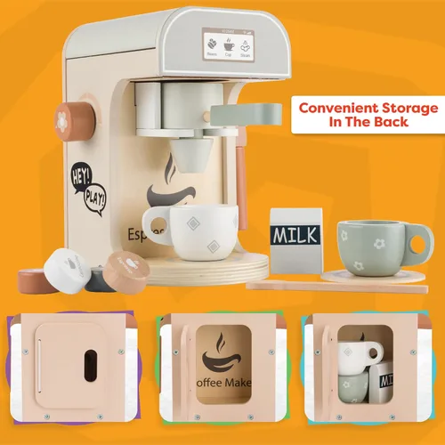 Vista 8 de Hey Play - Cafetera de juguete de madera para niños, 11 piezas, juego de cocina para niños con máquina de café expreso, accesorios de cocina