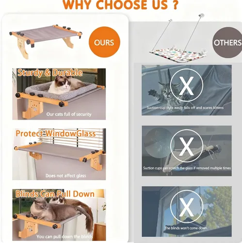 Vista 6 de Percha para ventana de gato, ajuste ajustable, seguro para inquilinos, marco de madera y metal, hamaca resistente sin perforaciones, funda de cama