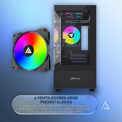 Vista 3 de Apevia Phantom-BK Phantom Micro-ATX Carcasa de PC de Juegos de Cámara Dual con 5X 120mm Ventiladores ARGB, 366 Modos RGB, Paneles de Vidrio Templado