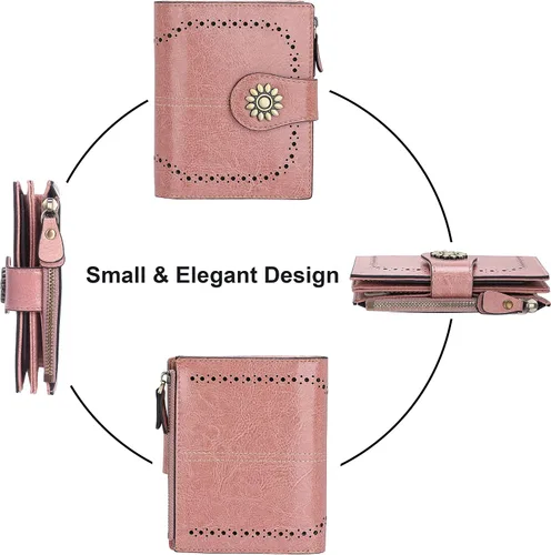 Vista 3 de Lavemi Cartera de cuero para mujer, pequeña, compacta, con bloqueo RFID, con bolsillo con cremallera
