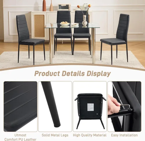 Vista 3 de Karl home Juego de 4 sillas de comedor, sillas de cocina de cuero sintético PU negro con respaldo alto acolchado y protección de tapas para pies