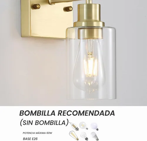 Vista 3 de Paquete de 2 lámparas de pared para sala de estar, luces de tocador de oro cepillado con pantalla de cristal, apliques de pared modernos de granja