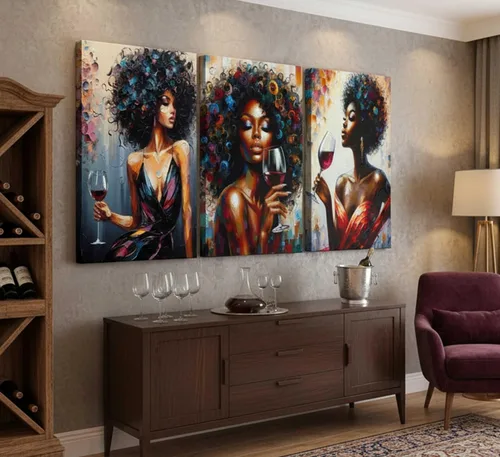 Vista 7 de 3 piezas de arte de pared en lienzo de mujeres afroamericanas, coloridas grafitis, chica afro con vino, pintura moderna, abstracta, estética
