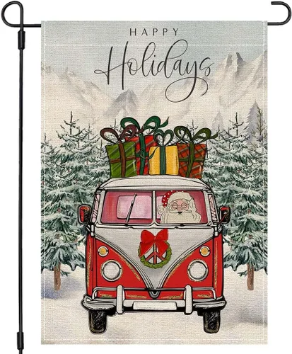 Vista 9 de PANDICORN Bandera de Jardín Feliz Navidad 12x18 Pulgadas Doble Cara, Bienvenida Árbol de Navidad Lunares Rojo Invierno Vacaciones Patio Arpillera