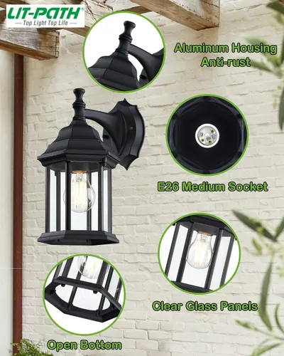 Vista 2 de LIT-PaTH - Lámpara de pared para exteriores, cristal de aluminio Farol grande de pared para porche exterior, para casa, patio, garaje