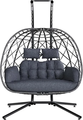 Vista 11 de SWITTE Silla columpio de huevo colgante doble al aire libre con soporte y 2 Asientos-crema