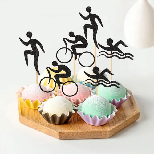 Vista 4 de 24 piezas de adornos de triatlón con purpurina negra para magdalenas, natación, correr, ciclismo, para fiestas temáticas, cumpleaños, bodas, baby