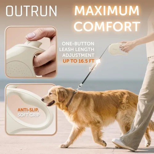 Vista 3 de OUTRUN Correa retráctil para perro de 16.5 pies para caminar hasta 55 libras, cinta de nailon fuerte sin enredos, bloqueo de freno resistente