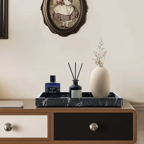 Vista 7 de Bandeja de mármol natural real para baño, tocador, cocina y escritorio, bandeja rectangular de piedra de mármol genuino para joyas, cosméticos