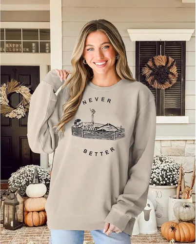 Vista 2 de Never Better - Sudadera de esqueleto para mujer, camiseta de Halloween, diseño de calavera de terror, manga larga, sarcástico, sin botones