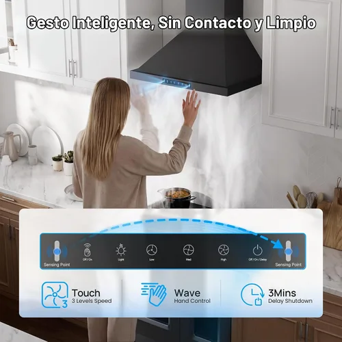 Vista 3 de VIKIO HOME Campana extractora negra para montaje en pared de 30 pulgadas, campana extractora de cocina de acero inoxidable 980 CFM con conducto/sin